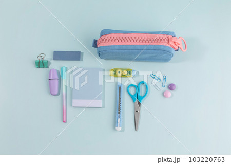 school supplies and diary concept, pencil cases and writing tools 103220763