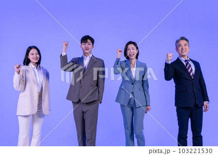 Asian Korean senior, middle aged and young male and female colleagues models in business attire, neon purple studio background, hand motion Asian Korean senior, middle aged and young male and female colleagues models in business attire, neon purple studio background, hand motion 103221530