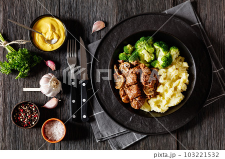 beef mushrooms stew with mashed potato and salad beef mushrooms stew with mashed potato and salad 103221532