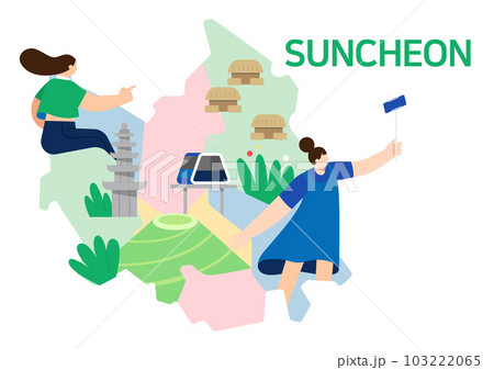 map of Suncheon, Korea and drawing of travelling people map of Suncheon, Korea and drawing of travelling people 103222065