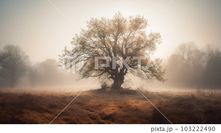 Old oak tree in foggy morning. Panoramic image. Generative AI Old oak tree in foggy morning. Panoramic image. Generative AI 103222490
