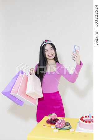vintage y2k pink retro concept photo of korean asian cute woman in birthday party concept vintage y2k pink retro concept photo of korean asian cute woman in birthday party concept 103222524