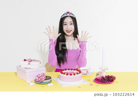 vintage y2k pink retro concept photo of korean asian cute woman in birthday party concept vintage y2k pink retro concept photo of korean asian cute woman in birthday party concept 103222614