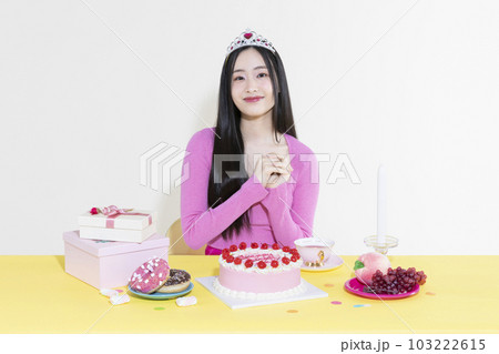 vintage y2k pink retro concept photo of korean asian cute woman in birthday party concept 103222615