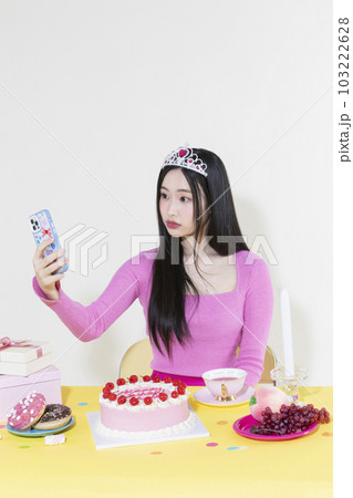 vintage y2k pink retro concept photo of korean asian cute woman in birthday party concept vintage y2k pink retro concept photo of korean asian cute woman in birthday party concept 103222628