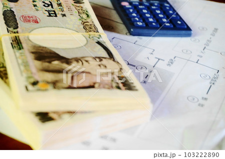 等親図の上に置かれた一万円札、相続イメージ 103222890