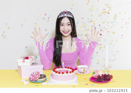 vintage y2k pink retro concept photo of korean asian cute woman in birthday party concept 103222915
