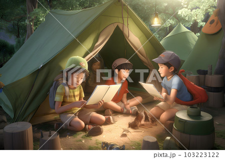 group of children camping outdoors near tent camp, neural network generated art 103223122