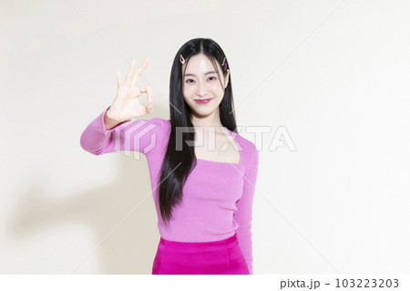 vintage y2k pink retro concept photo of korean asian cute woman with hand motion 103223203