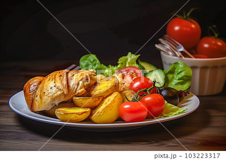 Roasted chicken with potatoes and vegetables on a wooden table. Generative AI 103223317