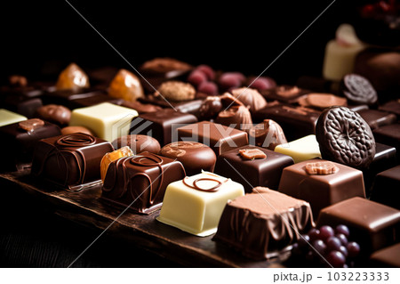 Assorted chocolates in a box. Chocolate candies. Generative AI 103223333