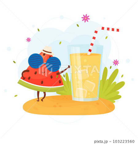 Cute cartoon watermelon character with lemonade, on the beach. 103223560