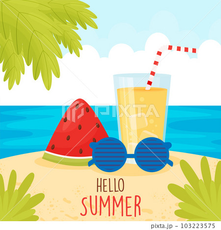 Watermelon, glass of lemonade and sunglasses, on the beach 103223575