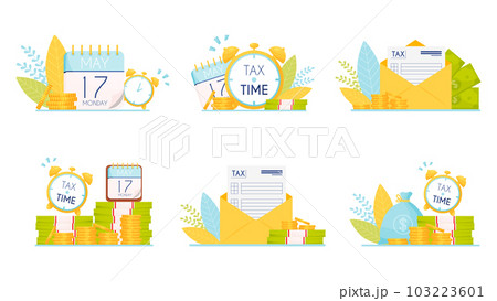 Set of six Tax time illustrations. Vector illustration Set of six Tax time illustrations. Vector illustration 103223601
