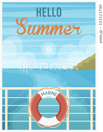 Hello Summer postcard. Sea cruise liner with lifebuoy. Vector illustration. 103223790