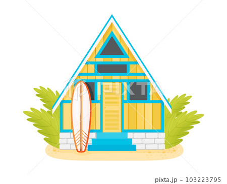 Cartoon yellow wooden beach cabin and Surf board. Cartoon yellow wooden beach cabin and Surf board. 103223795