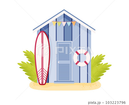 Cartoon purple wooden beach cabin with lifebuoy and surf. Cartoon purple wooden beach cabin with lifebuoy and surf. 103223796