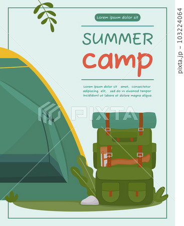 A4 poster for summer camping, travel, trip, hiking, tourist, nature, travel, picnic. Design of a poster, banner, leaflet, cover, special offer, advertisement. Vector illustration in a flat style. 103224064