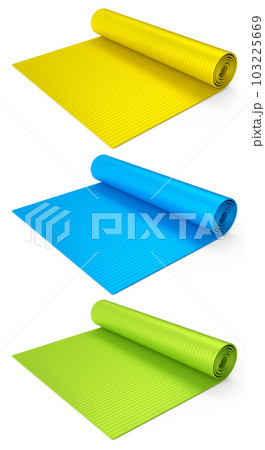 Set of yoga mats or lightweight foam camping bed roll pad isolated on white background. 3d rendering of sport equipment for fitness, yoga and active workout 103225669