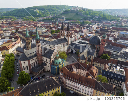 Wurzburg Historical Center Aerial Drone Photo. Old Main Bridge, Wurzburg Cathedral, Marktplatz and walking People 103225706