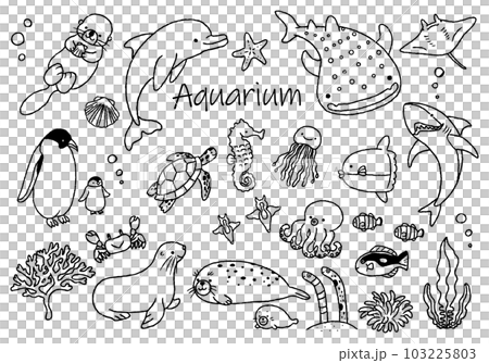 水族館中可愛生物的插圖集，手寫 103225803