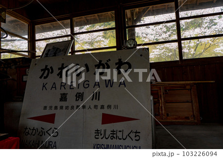 嘉例川駅の看板と桜の風景 103226094