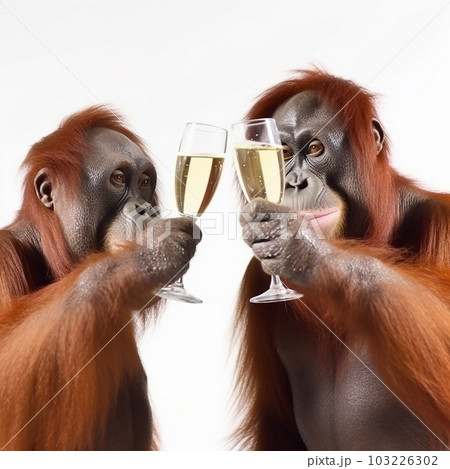 Orangutans hold glasses of champagne and clink glasses, playful congratulations, success, completion of the case, close-up on a white background Orangutans hold glasses of champagne and clink glasses, playful congratulations, success, completion of the case, close-up on a white background 103226302