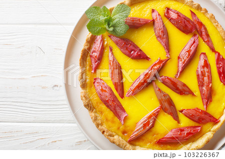Rhubarb Custard Pie is a decadent dessert perfect for a sweet summer treat closeup on the plate. Horizontal top view 103226367