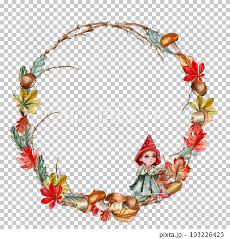 Fall wreath, for cards, backgrounds. Watercolor illustration for scrapbooking. Cartoon hand drawn background with flower for kids design. Perfect for wedding invitation. Fall wreath, for cards, backgrounds. Watercolor illustration for scrapbooking. Cartoon hand drawn background with flower for kids design. Perfect for wedding invitation. 103226423
