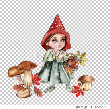 Composition of an autumn girl gnome . Hand drawn illustration of autumn. Perfect for scrapbooking, kids design, wedding invitation, posters, greetings cards, party decoration. 103226660