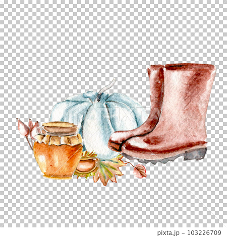 Composition of fall flowers, leaves,pumpkins, boots and berries. Hand drawn autumn leaves and elements. Hand drawn illustration of autumn. Perfect for scrapbooking, wedding invitation, posters. Composition of fall flowers, leaves,pumpkins, boots and berries. Hand drawn autumn leaves and elements. Hand drawn illustration of autumn. Perfect for scrapbooking, wedding invitation, posters. 103226709