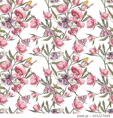 Seamless pattern butterfly, peony flower isolated on white background. Watercolor hand draw illustration. Art for design 103227009