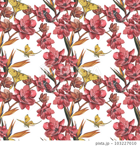 Seamless pattern butterfly, red flower, strelitzia isolated on white. Watercolor hand drawn illustration. Art for design Seamless pattern butterfly, red flower, strelitzia isolated on white. Watercolor hand drawn illustration. Art for design 103227010