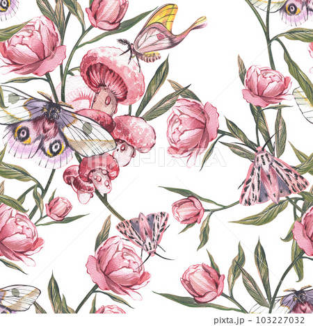 Seamless pattern butterfly, peony flower isolated on white background. Watercolor hand draw illustration. Art for design 103227032