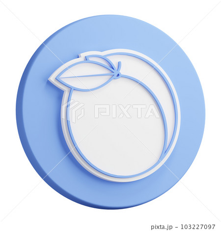3D button rendering of delicious juicy apricot with leaves. Summer fresh peach fruit. Realistic blue white PNG illustration isolated on transparent background 103227097