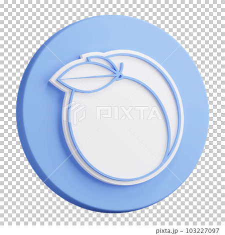 3D button rendering of delicious juicy apricot with leaves. Summer fresh peach fruit. Realistic blue white PNG illustration isolated on transparent background 103227097