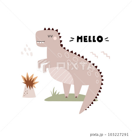 Funny illustration with dinosaur tyrannosaurus in a simple hand drawn style Funny illustration with dinosaur tyrannosaurus in a simple hand drawn style 103227291