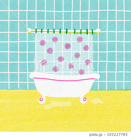 Hand drawn vector illustration of bathtub and shower in bathroom. Cartoon drawings of shower tub with polkadots shower curtain on blue background. Hand drawn vector illustration of bathtub and shower in bathroom. Cartoon drawings of shower tub with polkadots shower curtain on blue background. 103227765