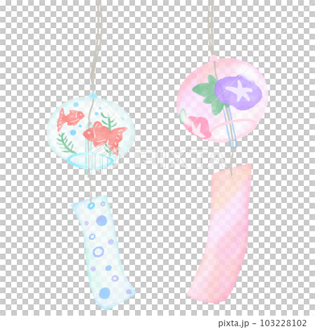 風にゆれる金魚柄と紫陽花の風鈴、シンプルでかわいい手描きの水彩イラスト 103228102