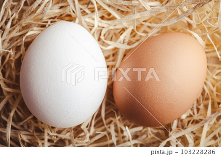 Whole chicken eggs on straw. Top view. Whole chicken eggs on straw. Top view. 103228286