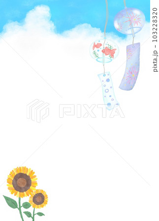 暑中見舞い、青空で風にゆれる和風な柄の風鈴、シンプルでかわいい手描きの水彩イラスト 103228320