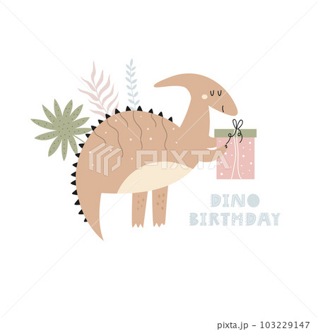 Illustration with a cute Birthday dinosaur in a simple hand drawn style. Illustration with a cute Birthday dinosaur in a simple hand drawn style. 103229147