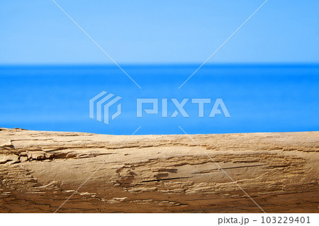 A cracked, weather-beaten tree trunk, a log on the yellow sand on the shore of the blue sea A cracked, weather-beaten tree trunk, a log on the yellow sand on the shore of the blue sea 103229401
