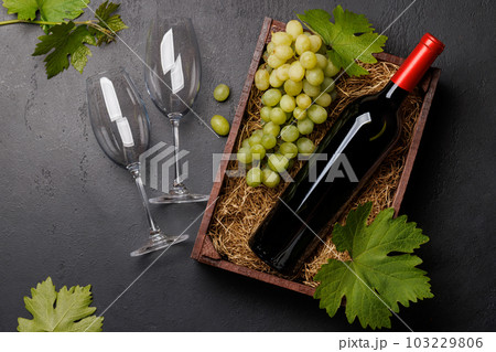 A red wine bottle and fresh grapes A red wine bottle and fresh grapes 103229806