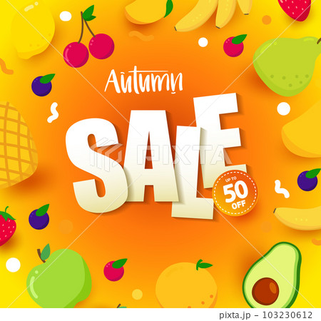 Autumn Sale. Bright Autumn banner with fruits on orange background. 103230612