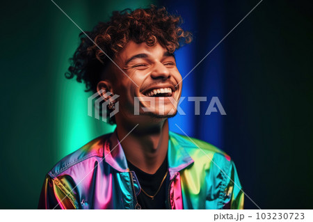 Happy young man smiling. Colorful gen z male portrait, positive mindset concept. Generative AI 103230723