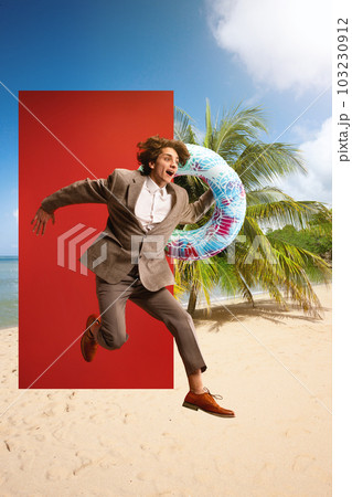 Excited businessman in formalwear holding swimming circle and jumping into beach with palms. Summertime rest. Creative collage. 103230912