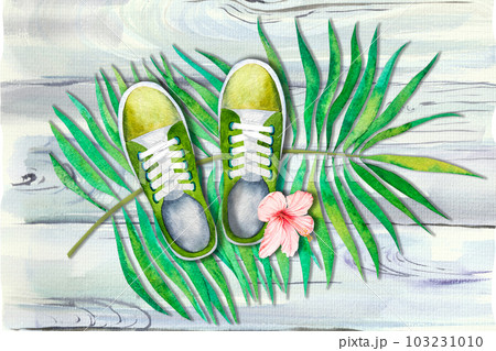 Watercolor palm leaf and green sneakers. Tropical plant element and shoes. Hand drawn illustration 103231010