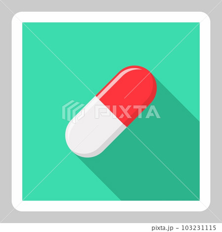 Red Pill Capsule, Medicine, vector mark symbols green style. White Stroke design. Isolated icon. 103231115