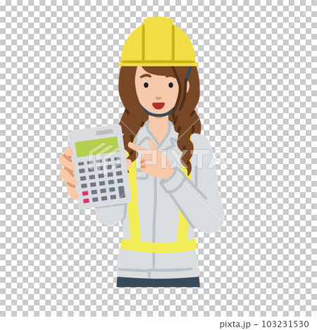 一個建築工地的女人站著指著計算器 一個建築工地的女人站著指著計算器 103231530
